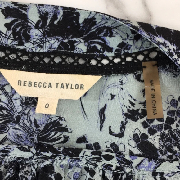 Rebecca Taylor Blouse Womens 0 Blue Black Floral Kiku Print 3/4 Sleeve Silk Top‎ - Picture 7 of 12